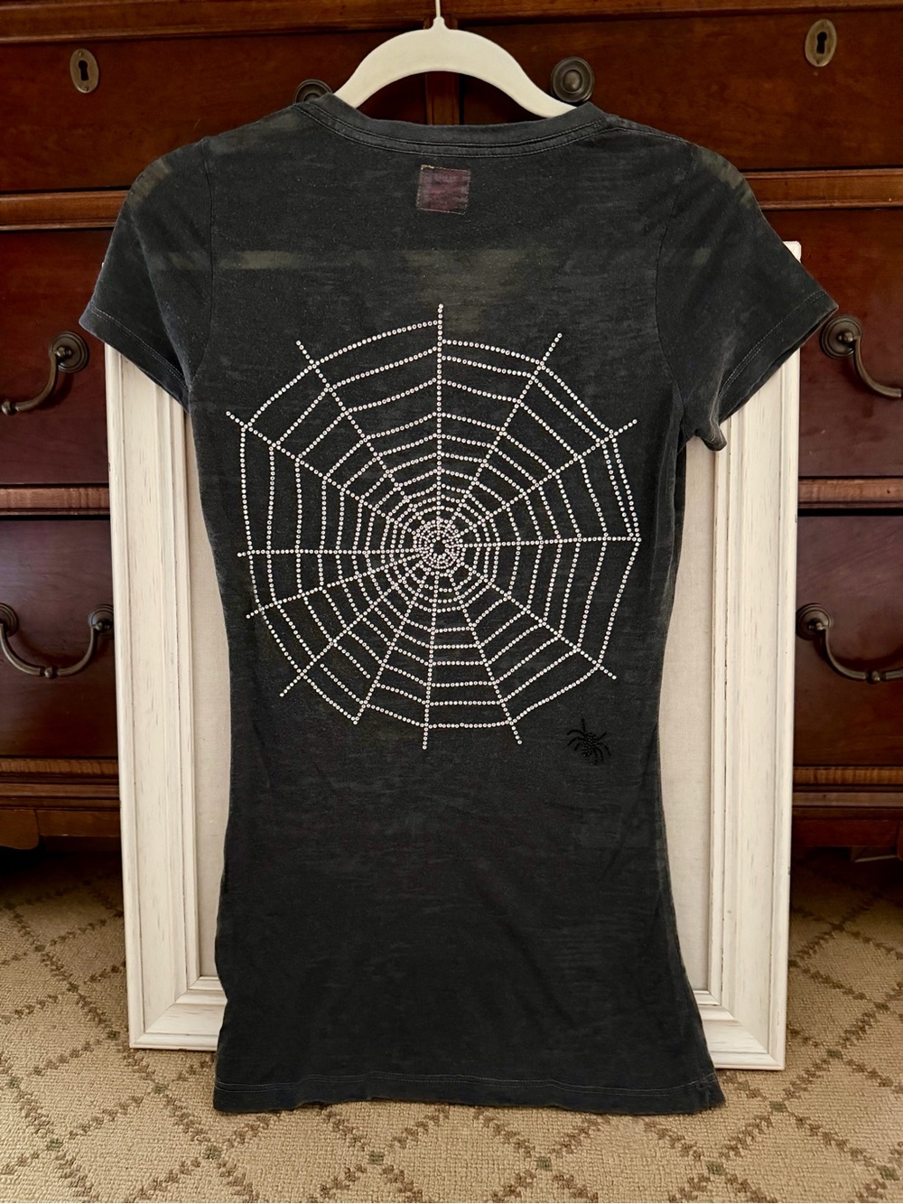 e.vil charcoal gray burnout short sleeved T-shirt w  crystal spider web NWOT S
